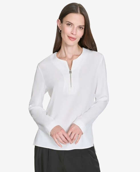 Women's Zip-Front Hi-Low Side-Slit Blouse