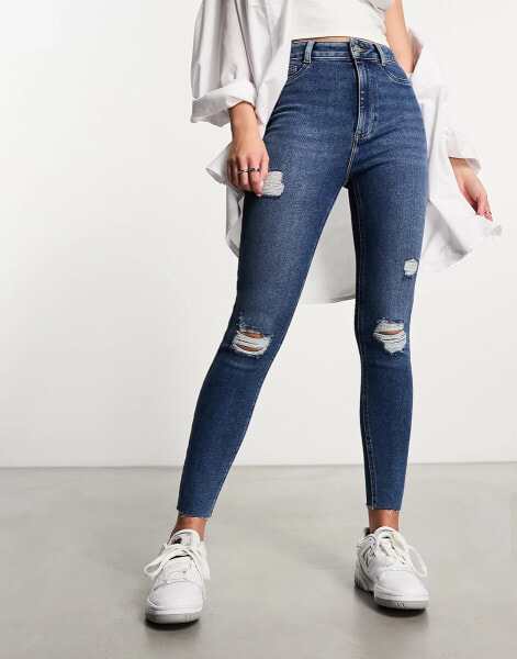 New Look ripped straight leg jeans in dark blue