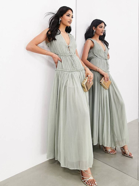 ASOS EDITION sleeveless chiffon frill detail maxi dress with ties in pale green