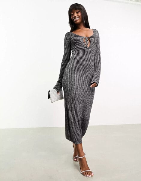 ASOS DESIGN knitted maxi dress with cut out in metallic yarn in silver