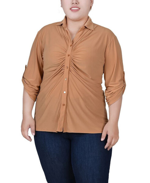 Plus Size 3/4 Roll Tab Rouched-Front Top