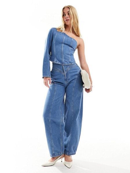 & Other Stories high waist barrel leg jeans with seam detail in mid wash blue