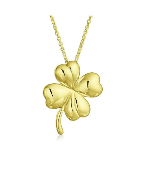 Good Luck Fortune Irish Shamrock Shape Lucky Charm Four Leaf Clover Pendant Necklace For Women Yellow Gold Plated Sterling Silver