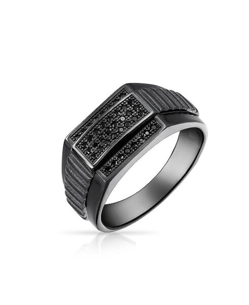 Men's Geometric Micro Rectangle Black CZ Cubic Zirconia Statement Ring For Men .925 Sterling Silver Signet Championship Ring
