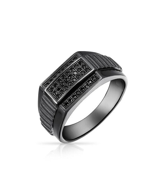 Men's Geometric Micro Rectangle Black CZ Cubic Zirconia Statement Ring Sterling Silver Signet Championship Ring