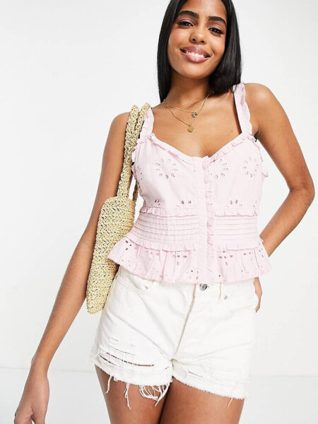 Topshop broderie pintuck cami top in pink 