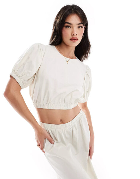 Vila cotton puff sleeve top co-ord in beige