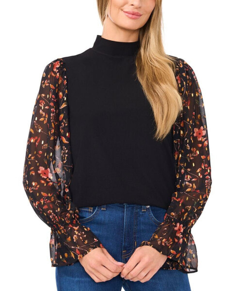 Women's Sheer Floral Long-Sleeve Mock Neck Top