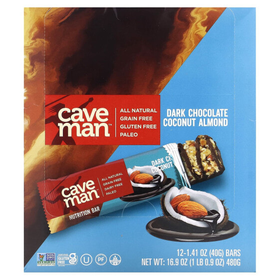 Батончики мюсли Caveman Foods Темный шоколад Кокос Миндаль 12 штук х 40 г каждый