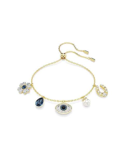 Clover, Evil Eye and Horseshoe, Blue, Gold-Tone Plated Symbolica Bracelet