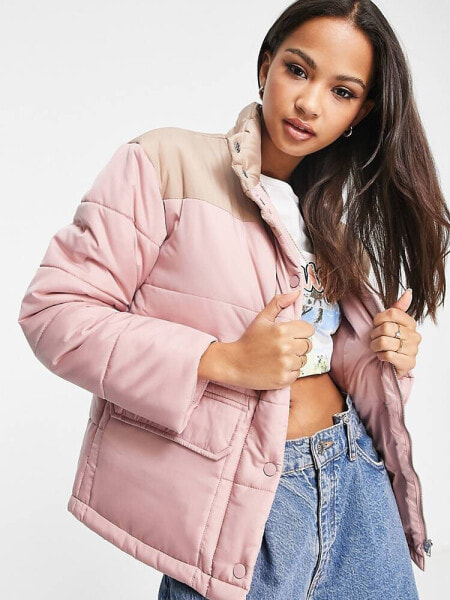 Wednesday's Girl high neck puffer jacket in pink contrast