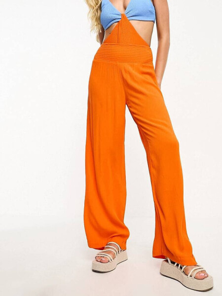 Vero Moda shirred waist beach trousers in orange