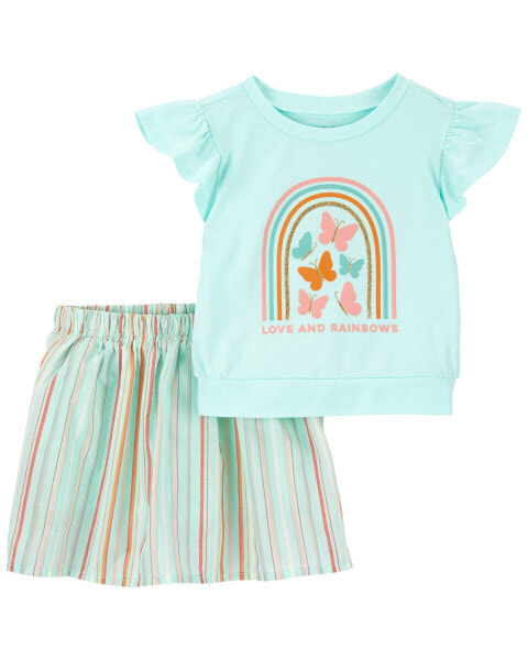 Toddler 2-Piece Butterflies Flutter Top & Striped Skort Set 2T