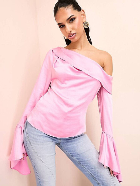 ASOS LUXE off shoulder satin draped top with exaggerated sleeve in pink