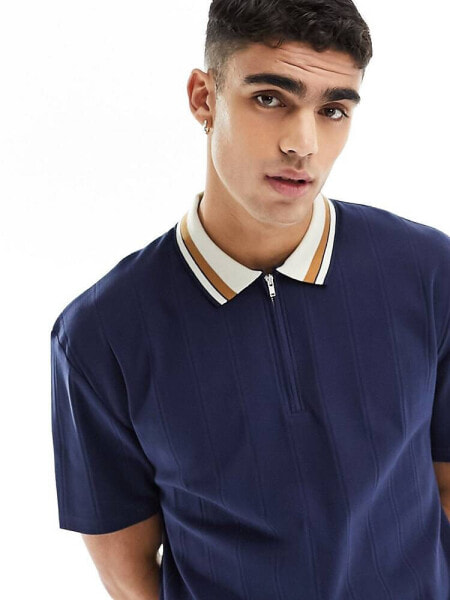 ASOS DESIGN relaxed fit rib polo with contrast tipping in navy