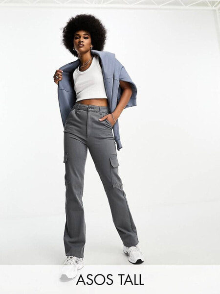 ASOS DESIGN Tall slim cargo with pockets in grey