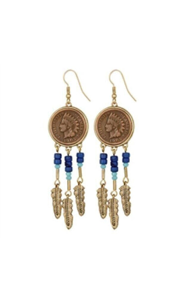 16414 Indian Penny One Cent Coin Lapis Glass Beaded Feather Fish Hook Earrings