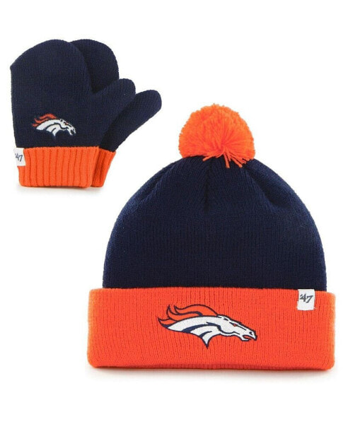 Infant Boys and Girls Navy, Orange Denver Broncos Bam Bam Cuffed Knit Hat With Pom and Mittens Set