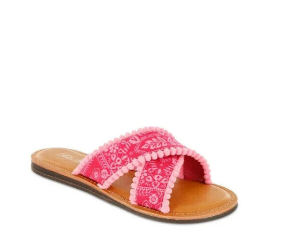 The Pioneer Woman Slide Sandal 8 Women's Pink Crossband Pom Pom Slip-On Comfort