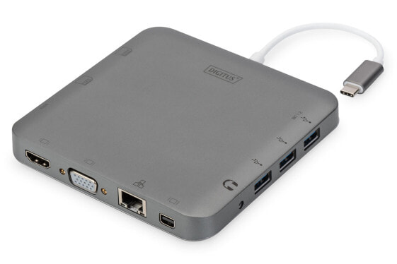 DIGITUS Universal Docking Station, USB Type-C™, Wired, USB 3.2 Gen 1 (3.1 Gen 1) Type-C, 60 W, 10,100,1000 Mbit/s, Grey, MMC, MicroSD (TransFlash), MicroSDHC, MicroSDXC, SD