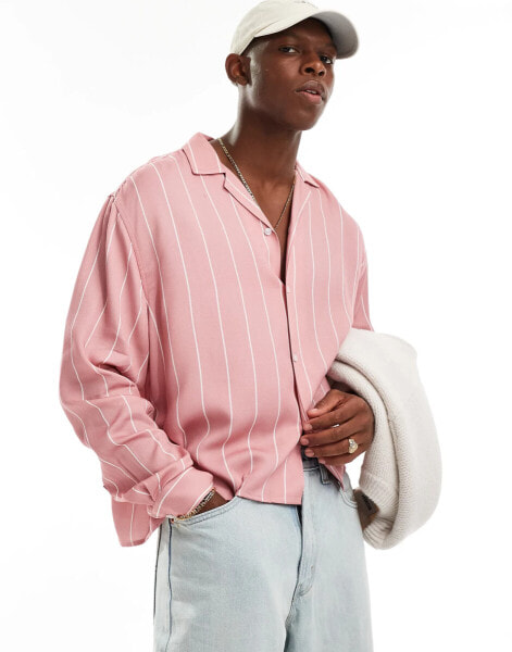 ASOS DESIGN oversized boxy shirt with revere collar in pink stripe