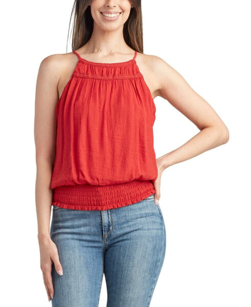 Juniors' Sleeveless Smocked-Hem Halter Top