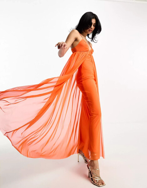 Женское вечернее платье ASOS DESIGN Skater-Maxikleid in Orange mit Trägern und Oberlage aus Netzstoff