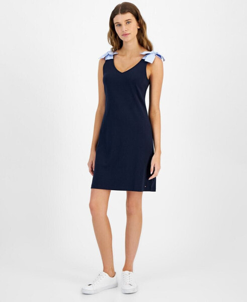 Women's Cotton V-neck Sleeveless Tie-Strap Dress