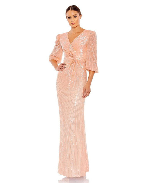 Women's Sequined Faux Wrap Puff Sleeve Gown