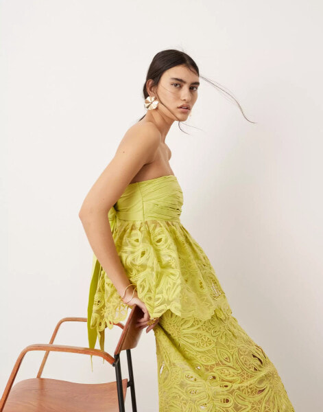 ASOS EDITION floral cornelli tie back bandeau top co-ord in lime green