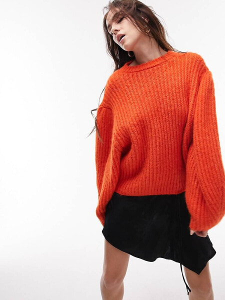 Topshop knitted volume sleeve fluffy jumper in orange 