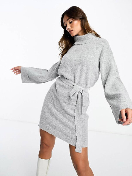 Vila roll neck mini jumper dress with tie waist in light grey