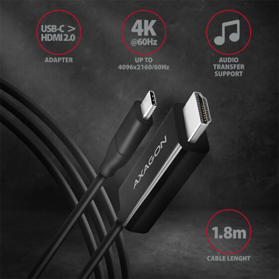 Активный кабель USB-C - HDMI 2.0 - адаптер AXAGON RVC-HI2C 1.8 м - USB Type-C - HDMI - Мужской/Женский - Мужской - 2.0a