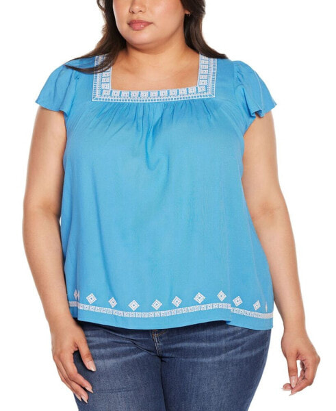 Black Label Plus Size Boho Embroidered Square Neck Top