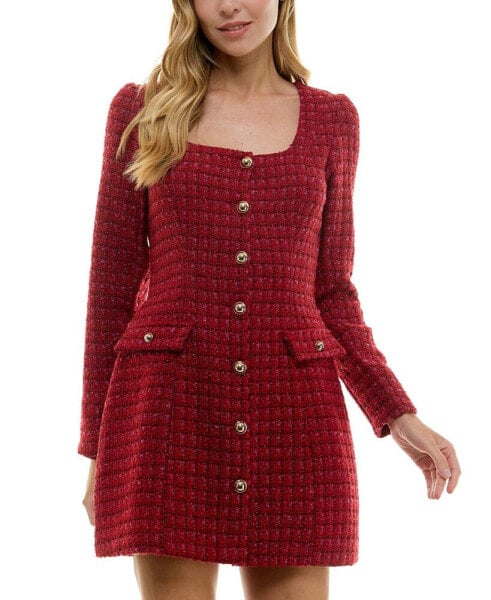 Juniors' Square-Neck Long-Sleeve Tweed Dress