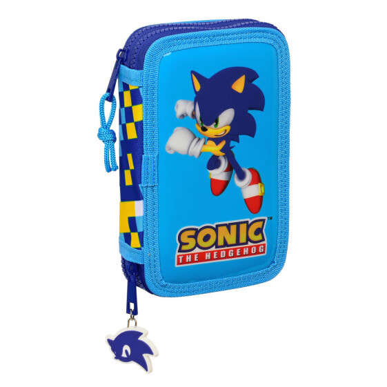 Double Pencil Case Sonic Speed Blue 12.5 x 19.5 x 4 cm (28 Pieces)