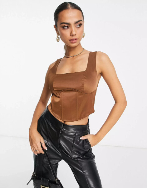 Lola May satin corset crop top in brown