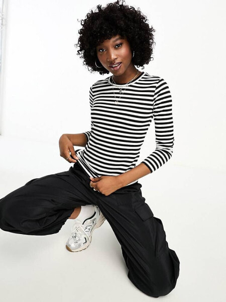 JDY ribbed long sleeve top in black and white stripe