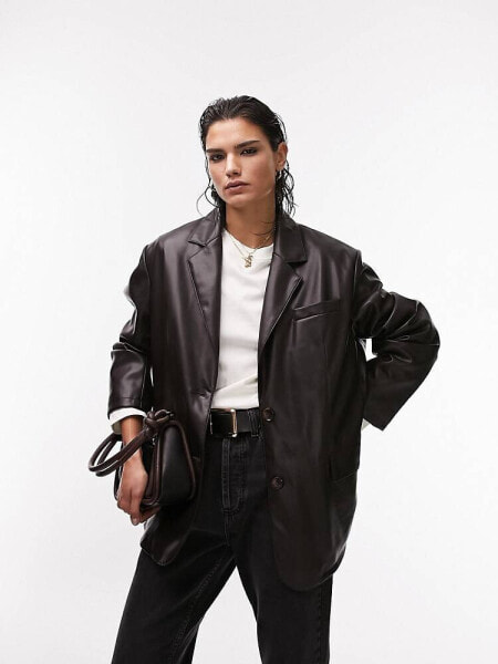Topshop faux leather oversized blazer jacket in chocolate