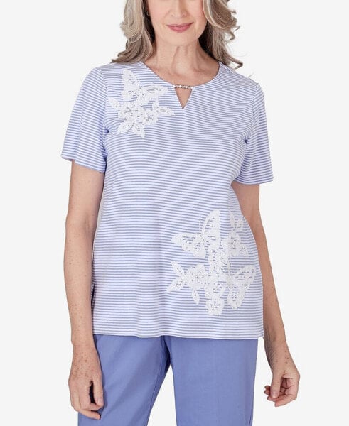 Women's Summer Breeze Mini Stripes T-shirt with Butterfly Lace Detail