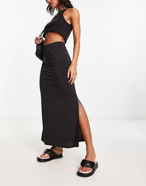 Vila slinky maxi skirt with slit sides in black