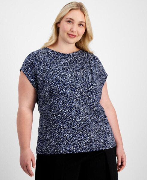 Plus Size Printed Knit Pleated-Trim Top