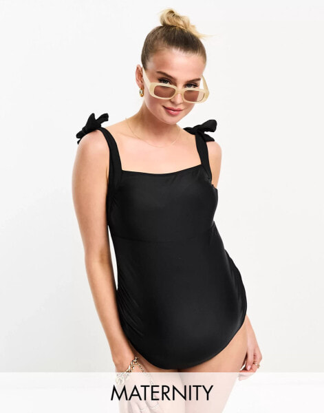 The Frolic Maternity jade tie strap gathered bust swimsuit in black