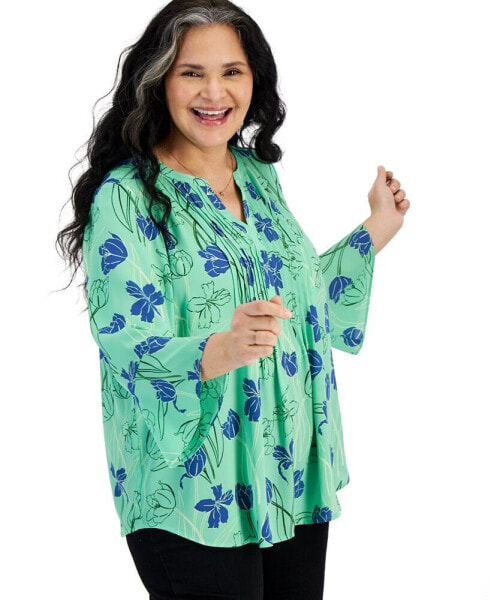 Plus Size Printed Pintuck Blouse, Created for Macy's