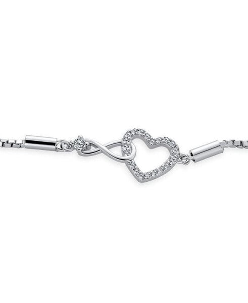 Delicate Dainty Romantic CZ Accent Infinity & Heart Bolo Bracelet For Women Teens .925 Sterling Silver Rhodium Plated Adjustable Slide 7"