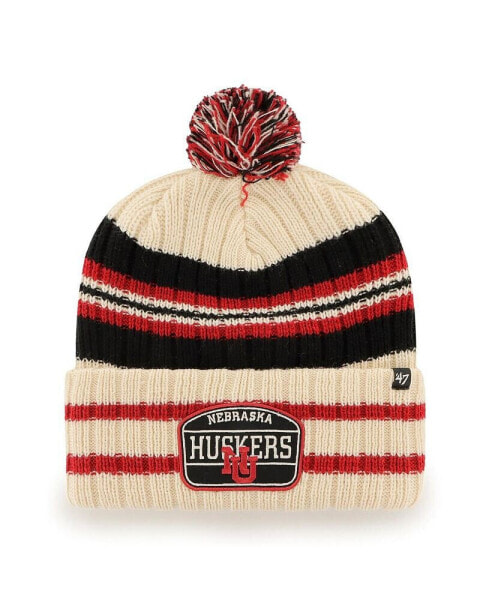 Men's Natural Nebraska Huskers Hone Patch Cuffed Knit Hat with Pom