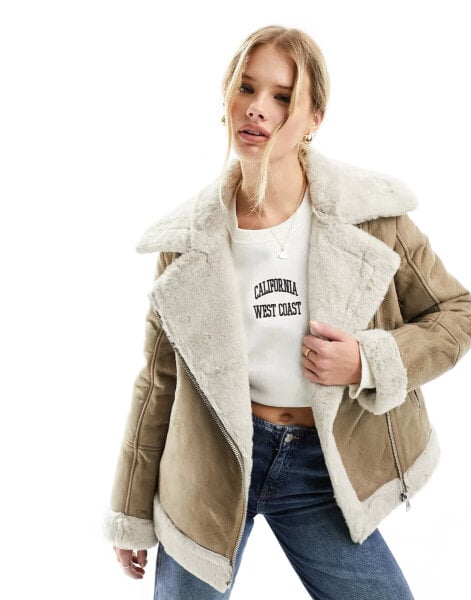 French Connection faux leather aviator jacket in taupe