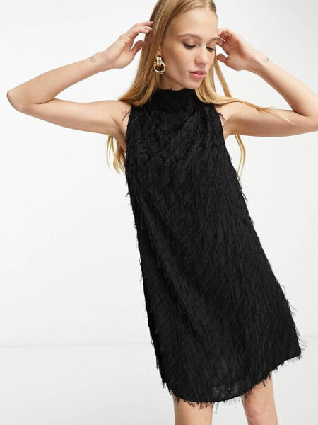 & Other Stories faux feather effect mini dress in black