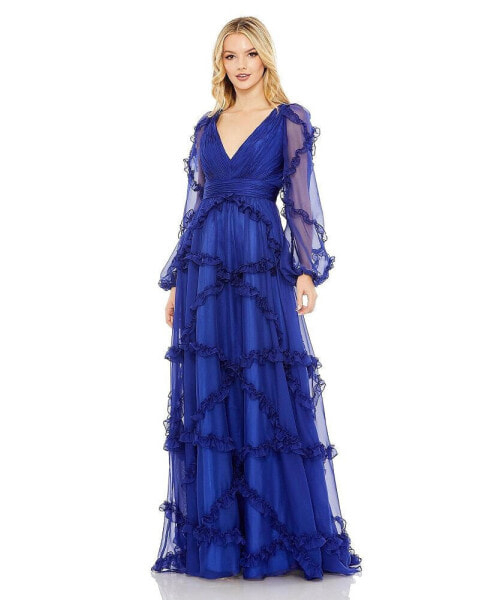 Women's Cascaded Ruffle Puff Sleeve A Line Gown