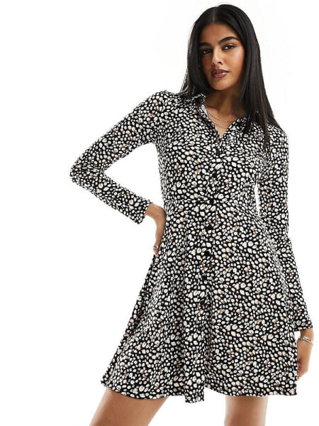 New Look long sleeve shirt mini dress in black floral print